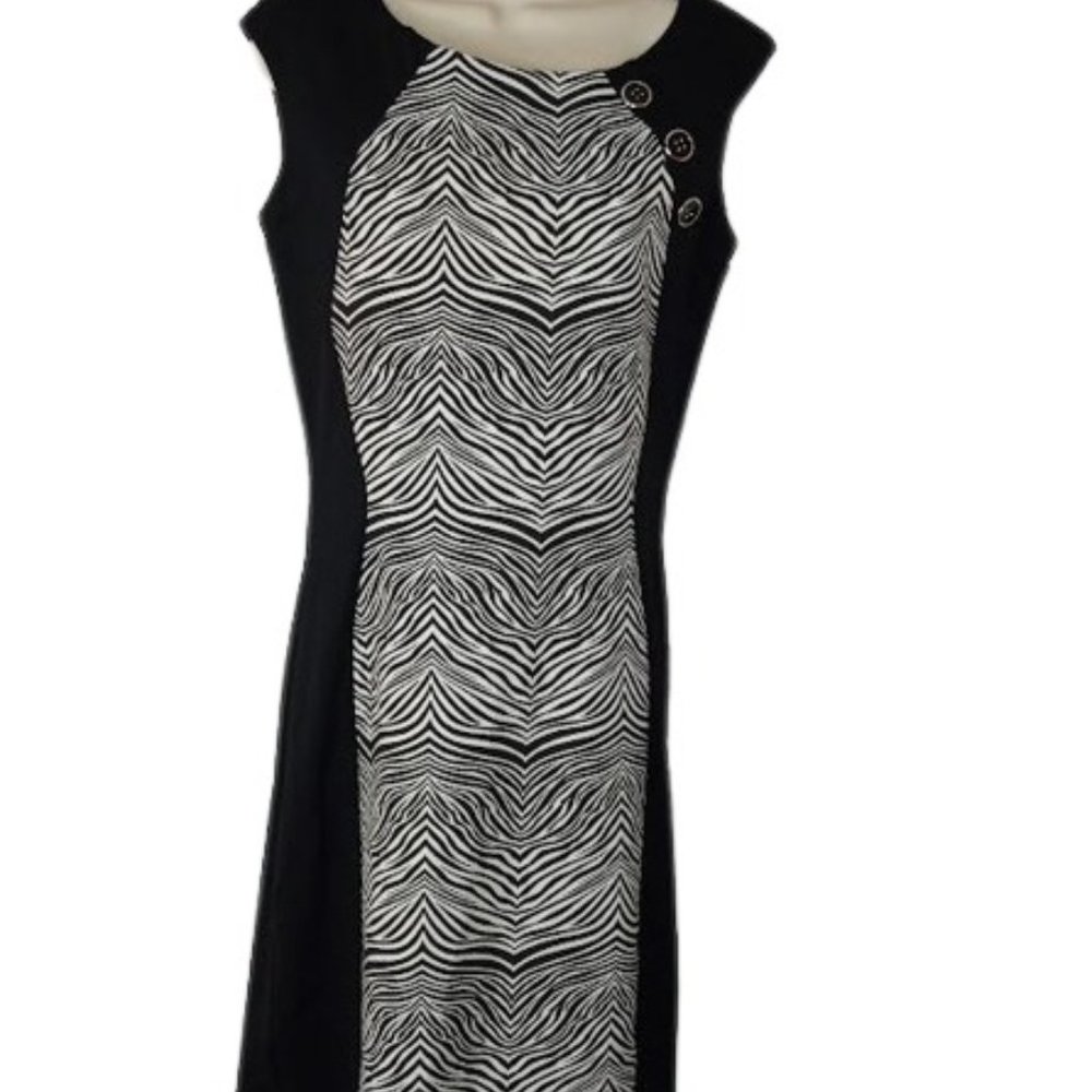 Simon Chang Womens Sheath Dress Black White Zebra Button Detail Sleeveless 8